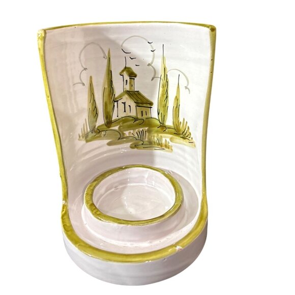 Hand-Painted Ceramic Candle Holder Scenic Church Trees Design White Olive Accent - Picture 6 of 7
